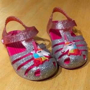 Toddler girl Crocs sandals - glittery silver, pink